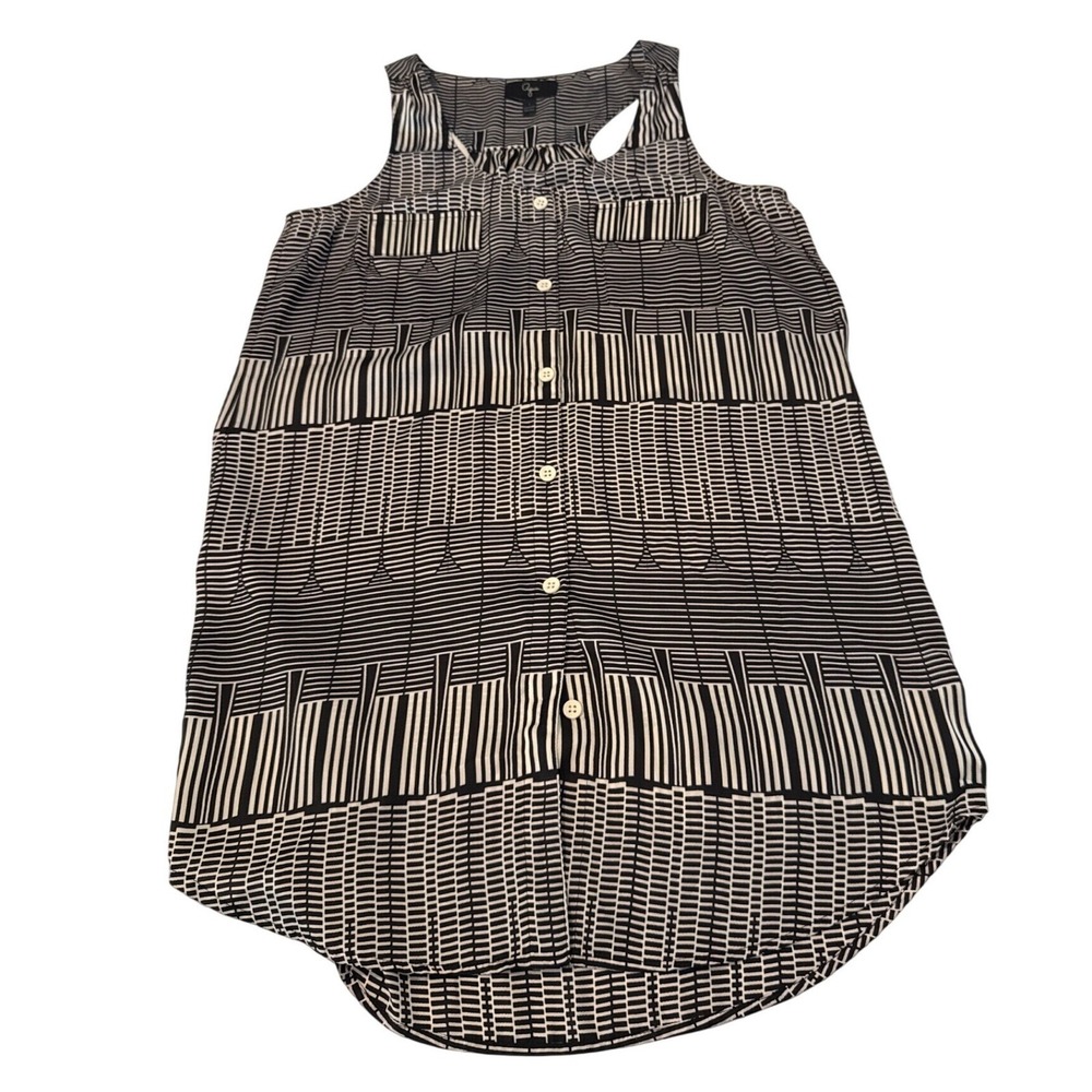 Aqua Womens Large Black White Geometric Stripe Racerback Button Front Tunic Top